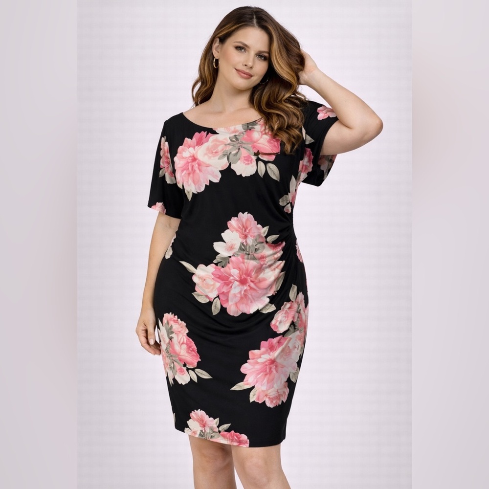 Jessica Howard Dress 18W Black Pink Floral Short Sleeve Stretch Career Washable